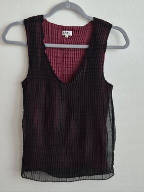 Vintage Y2K Bebe Pleated Burgundy/Black Mesh V Neck Tank Size L